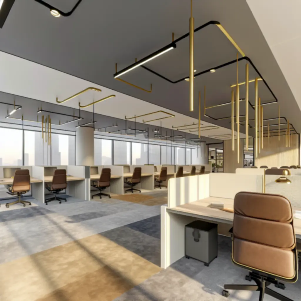 Nowoczesne biuro z eleganckimi materiałami i stonowaną kolorystyką