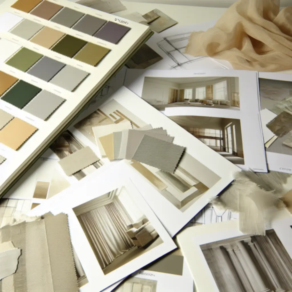 Moodboard z próbkami materiałów i kolorów, będący źródłem inspiracji projektowej