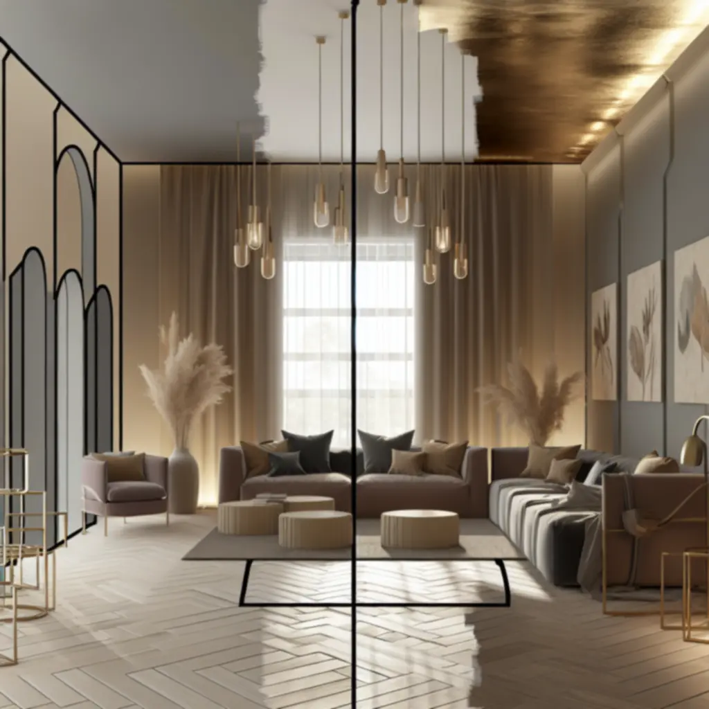 Salon w ciepłej, neutralnej palecie z akcentami oliwki, prezentujący trendy projektowania wnętrz 2024