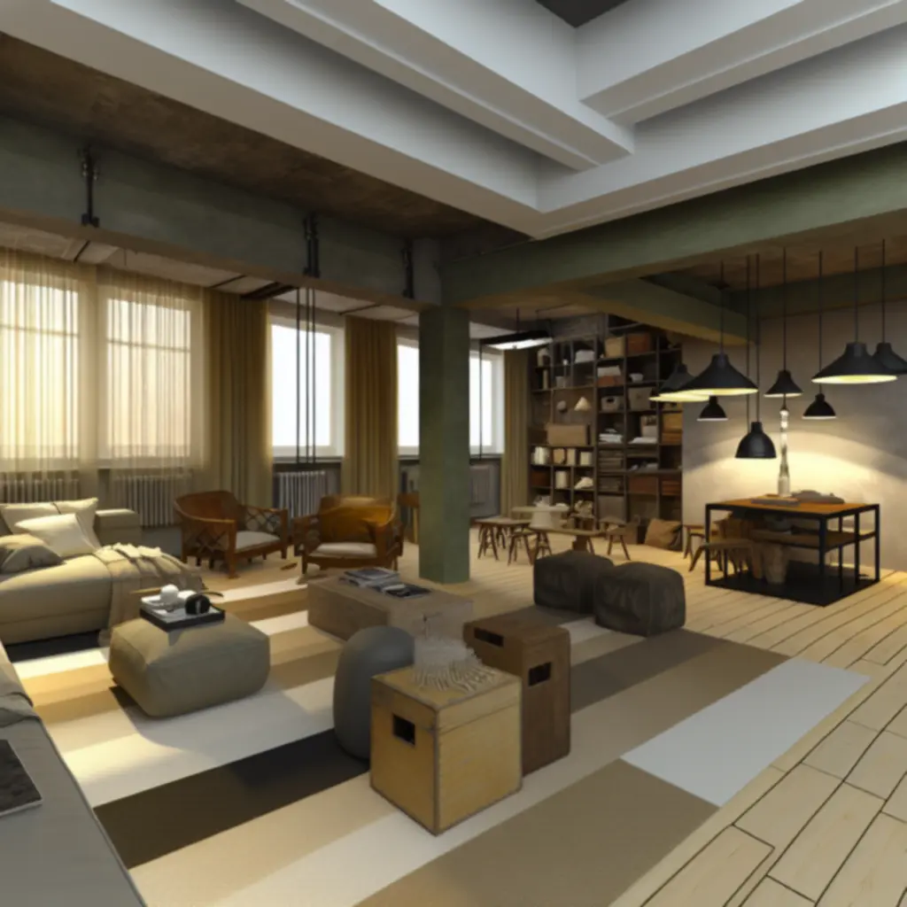 Przytulny salon w lofcie z neutralnymi kolorami i dużymi przeszkleniami