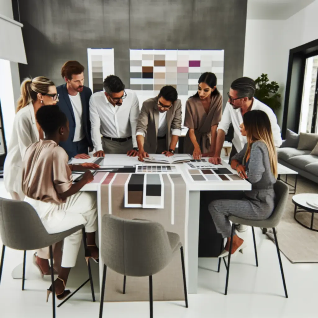 Zespół projektowy CityDesignStud omawiający projekt przy dużym stole z materiałami wykończeniowymi